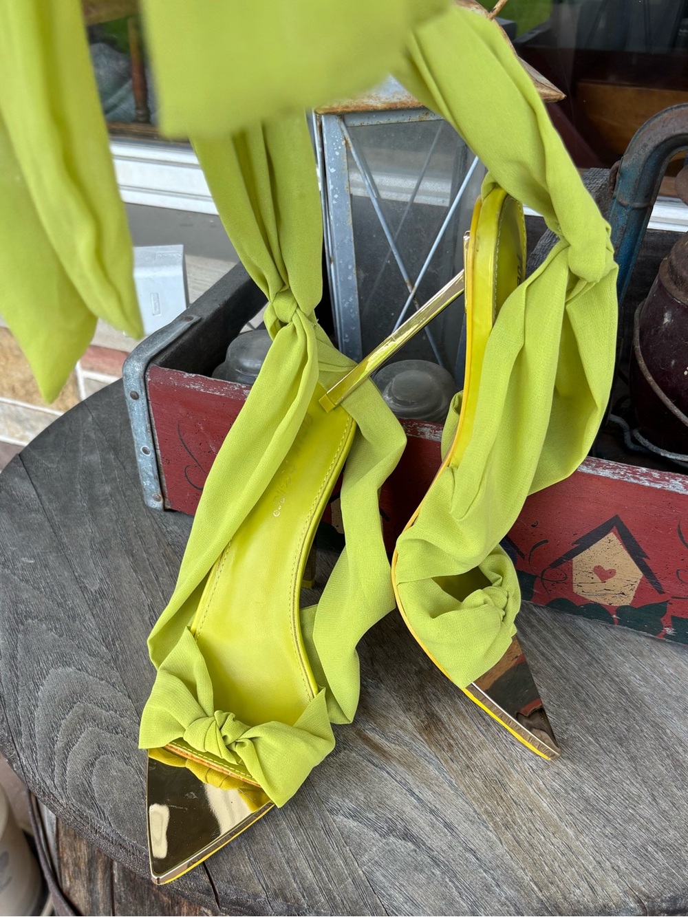 Public Desire Huni Chartreuse Chiffon Ribbon Tie Up Lace-Up Sandals - Picture 3 of 8